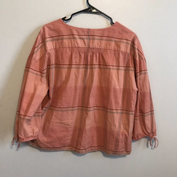SOLD Moringview Cotton Tie-Sleeve Shirt in Peach Plaid Size Large SOLD - Picture 6 of 6